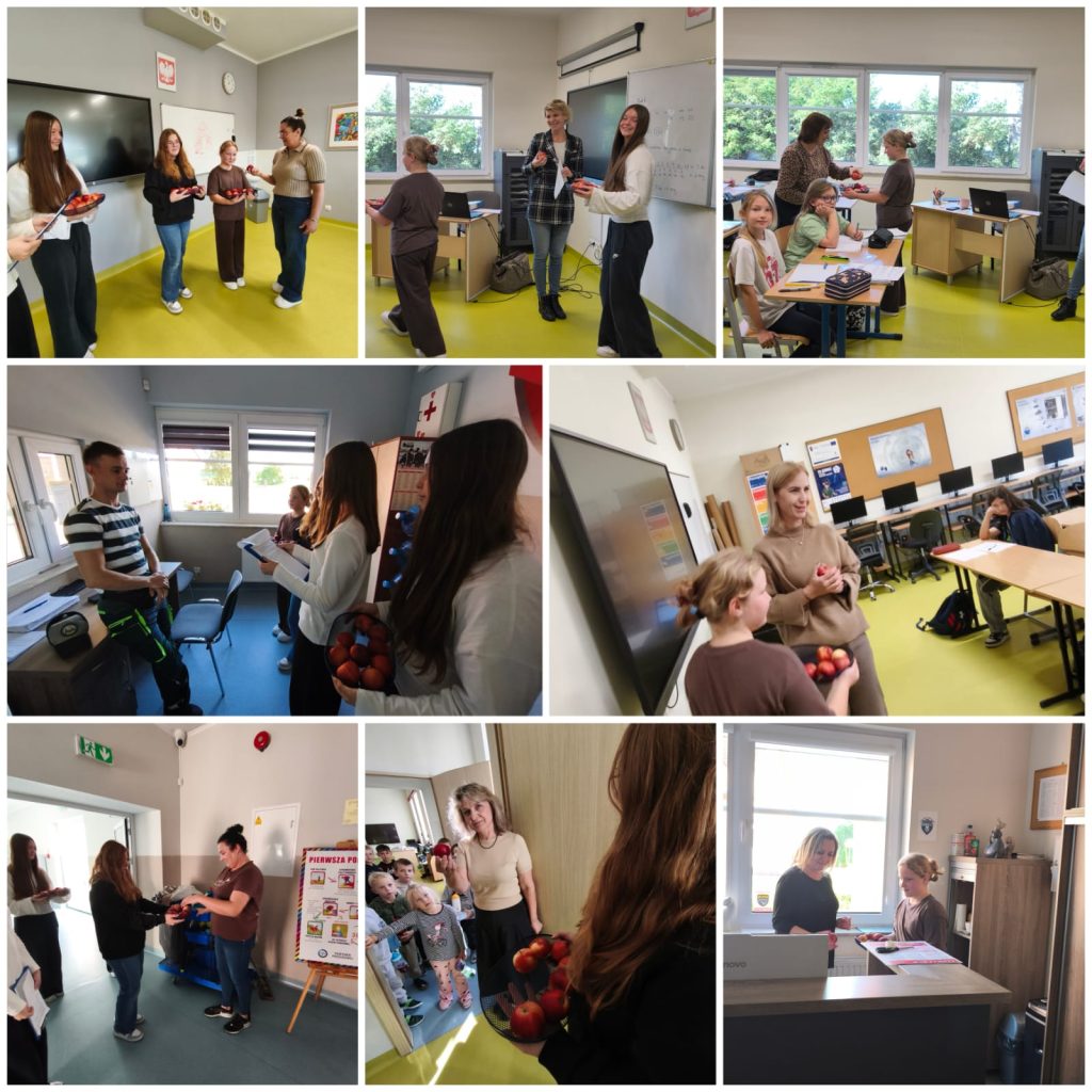 Kolaż ośmiu zdjęć dokumentujących akcję Samorządu Uczniowskiego z okazji Dnia Edukacji Narodowej. Uczennice odwiedzają nauczycieli i pracowników szkoły, wręczają im czerwone jabłka oraz składają życzenia. Na zdjęciach widać również reakcje obdarowanych osób.