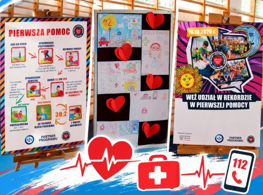 Kolaż trzech plansz dotyczących pierwszej pomocy: instrukcji resuscytacji, prac plastycznych uczniów oraz plakatu akcji „Rekord w pierwszej pomocy” z datą 16 października 2026 r. U dołu grafiki znajdują się symbole serca, apteczki i numeru alarmowego 112.