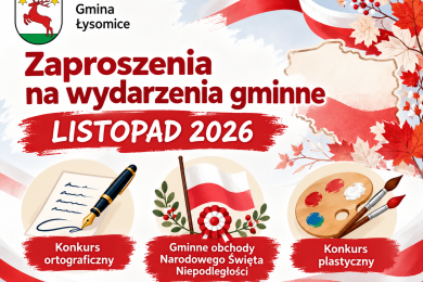 Grafika informacyjna z herbem Gminy Łysomice i napisem „Zaproszenia na wydarzenia gminne – listopad 2026”. Na biało-czerwonym tle przedstawiono symbole trzech wydarzeń: pióro i kartkę – konkurs ortograficzny, flagę Polski – obchody Narodowego Święta Niepodległości oraz paletę farb i pędzle – konkurs plastyczny.