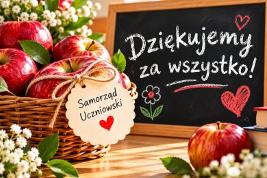 Grafika przedstawiająca kosz pełen czerwonych jabłek, ozdobiony zawieszką z napisem „Samorząd Uczniowski”. Obok znajduje się szkolna tablica z napisem „Dziękujemy za wszystko!”, ozdobiona sercami i kwiatkiem. Całość uzupełniają kwiaty i książki.