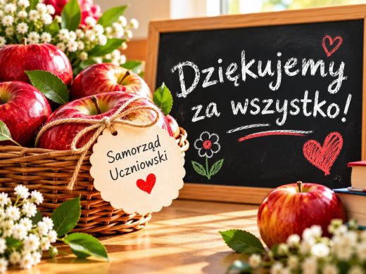 Grafika przedstawiająca kosz pełen czerwonych jabłek, ozdobiony zawieszką z napisem „Samorząd Uczniowski”. Obok znajduje się szkolna tablica z napisem „Dziękujemy za wszystko!”, ozdobiona sercami i kwiatkiem. Całość uzupełniają kwiaty i książki.