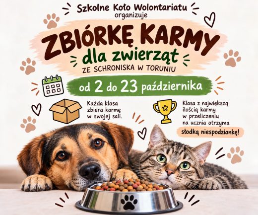 Grafika promująca szkolną zbiórkę karmy dla zwierząt ze schroniska w Toruniu, trwającą od 2 do 23 października, z wizerunkiem psa i kota przy misce z karmą.