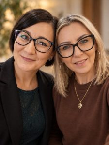 Dwie uśmiechnięte nauczycielki w okularach pozują razem do pamiątkowego zdjęcia.