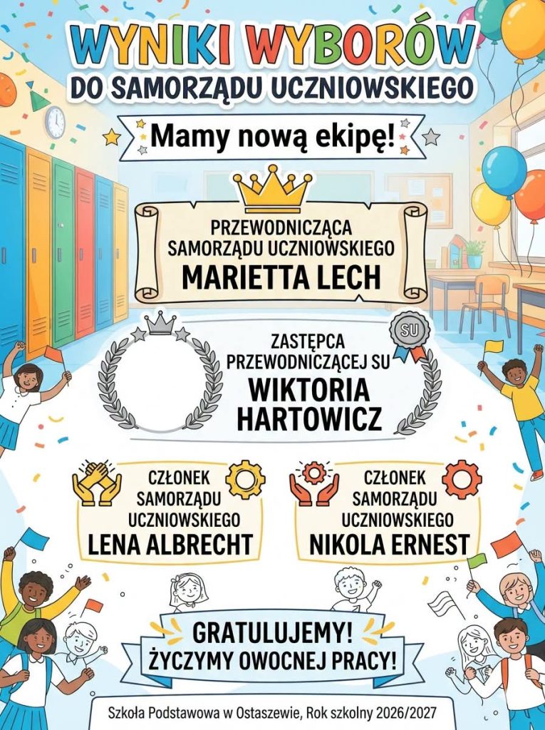 Kolorowa grafika przedstawiająca wyniki wyborów do Samorządu Uczniowskiego Szkoły Podstawowej w Ostaszewie na rok szkolny 2026/2027. Przewodniczącą została Marietta Lech, zastępczynią przewodniczącej Wiktoria Hartowicz, a członkiniami samorządu Lena Albrecht i Nikola Ernest. Na plakacie znajdują się ilustracje uczniów, balonów i szkolnych szafek oraz napis „Gratulujemy! Życzymy owocnej pracy!”.